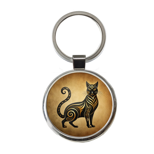 Stylized Black Cat Design Round Metal Keychain
