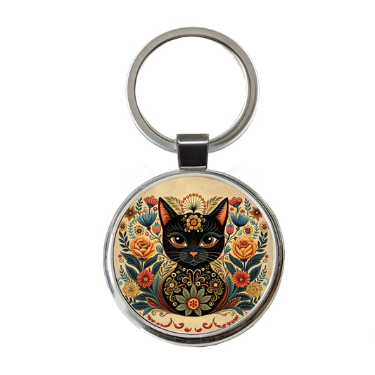 Stylized Black Cat Floral Design Round Metal Keychain