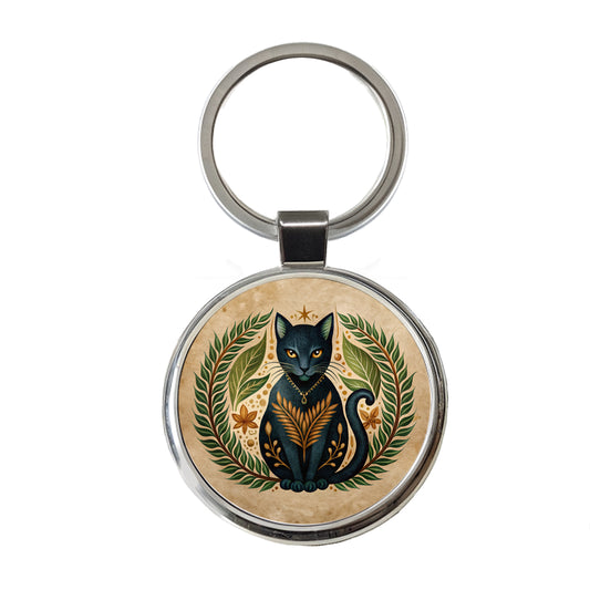 Stylized Black Cat Illustration Leaf Design Round Metal Keychain
