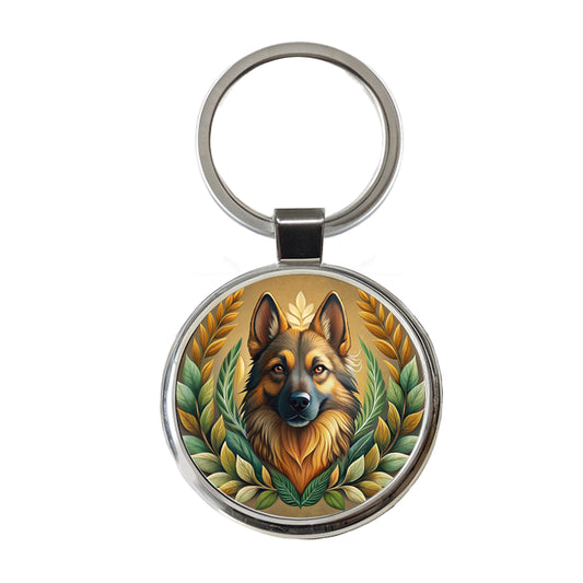 Stylized German Shepherd Illustration Leaf Design Round Metal Keychain