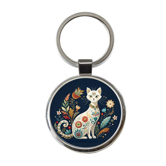 Stylized White Cat Floral Design Round Metal Keychain