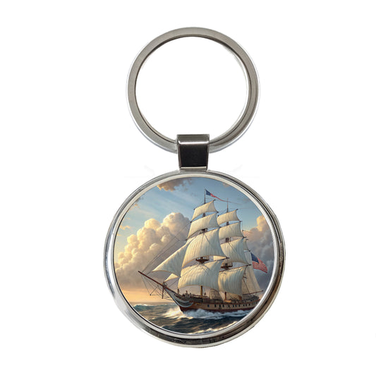 US Navy Frigate 18th Century Sailing Ship At Sea Round Metal Keychain