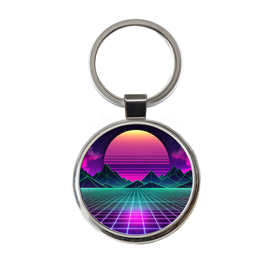 Vaporwave Retro Vector Vivid Landscape Round Metal Keychain