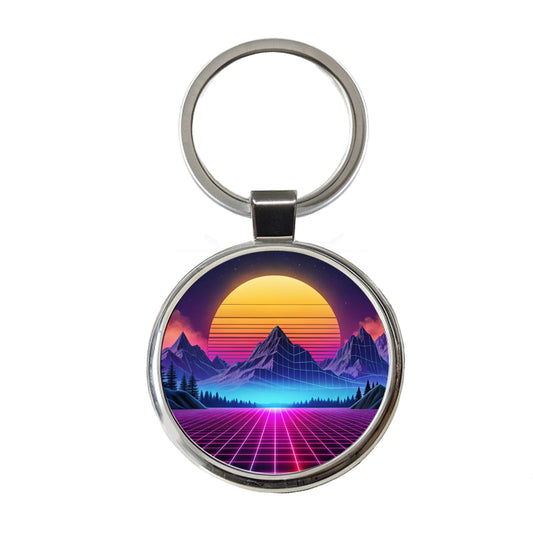 Vaporwave Retro Vector Vivid Mountain Landscape Round Metal Keychain