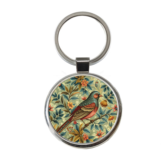 Vintage Retro Bird Floral Design Round Metal Keychain