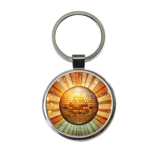 Vintage Retro Disco Ball Design Round Metal Keychain