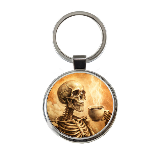 Vintage Skeleton Holding Cup Of Coffee Retro Round Metal Keychain