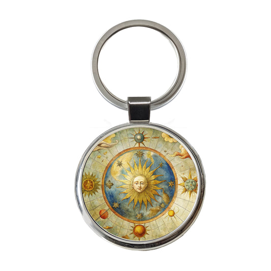 Vintage Sun Moon Celestial Map Round Metal Keychain