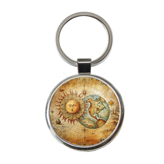 Vintage Sun Moon Map Round Metal Keychain