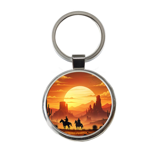 Wild West Sunset Silhouettes Southwest Landscape Round Metal Keychain