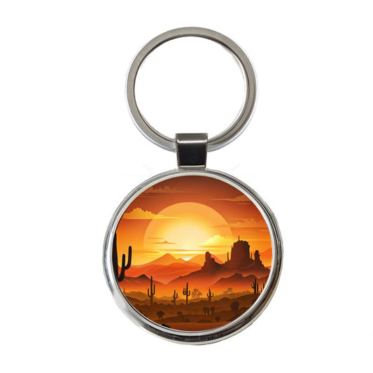 Wild West Sunset Southwest Landscape Silhouette Round Metal Keychain