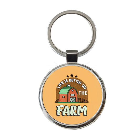Life Is Better On The Farm Round Metal Keychain