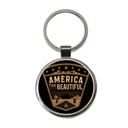 America The Beautiful United States USA Patriotic Black Tan Round Metal Keychain