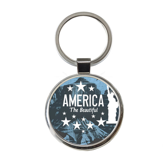America The Beautiful United States USA Patriotic Statue of Liberty Round Metal Keychain