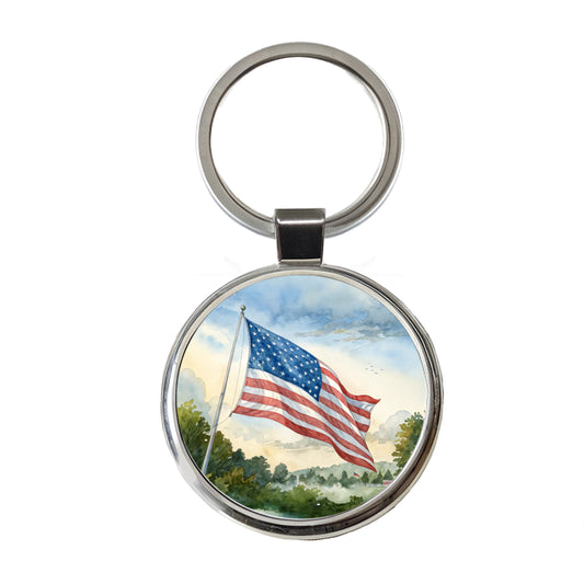 American Flag Waving Watercolor USA United States Round Metal Keychain