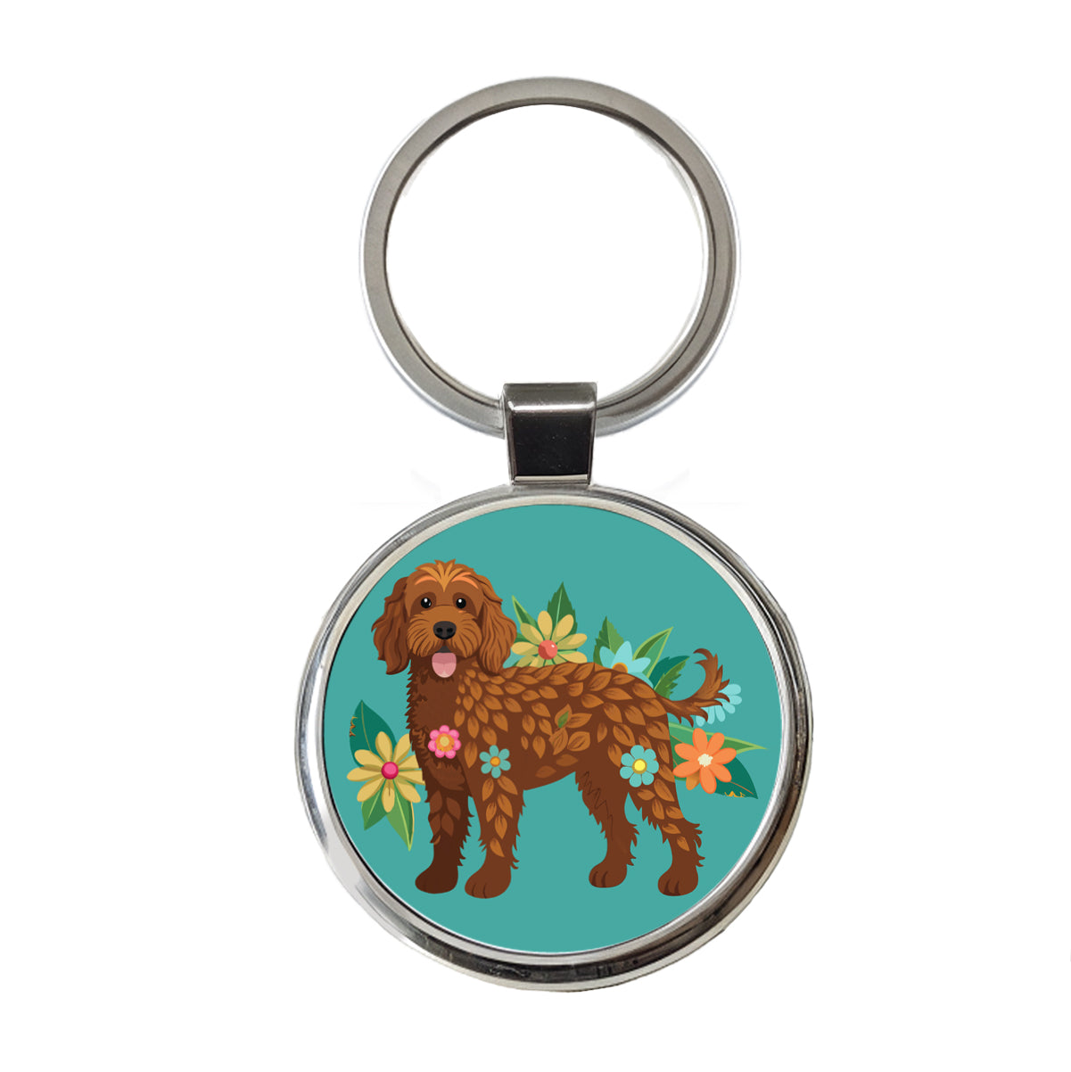 Brown Labradoodle Floral Motif Dog Round Metal Keychain
