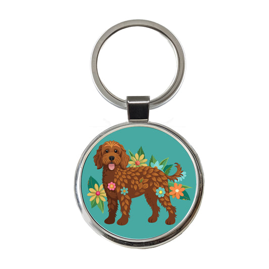 Brown Labradoodle Floral Motif Dog Round Metal Keychain