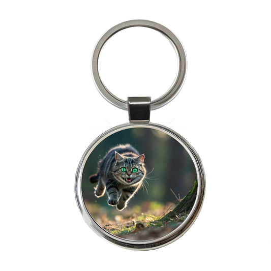 Cat Leaping Green Eyes Funny Round Metal Keychain