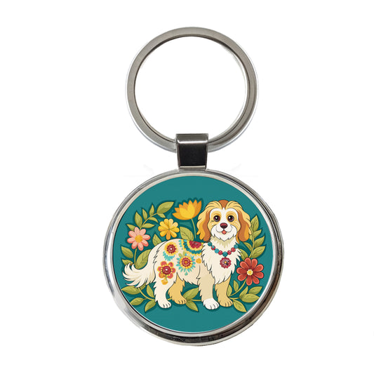 Cavachon Floral Motif Dog Cute Round Metal Keychain