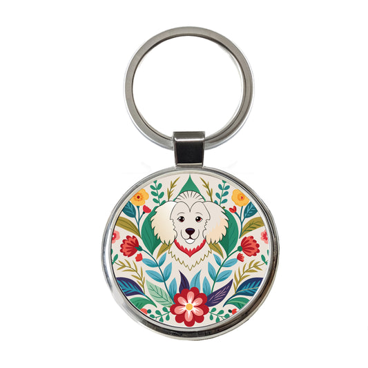 Cavachon Floral Motif Dog Round Metal Keychain