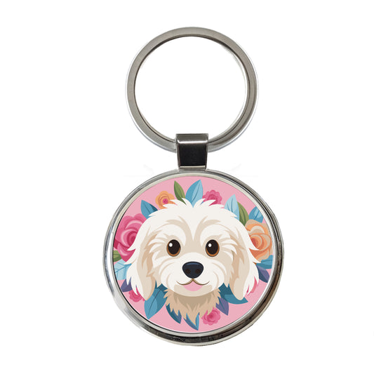 Cavachon Head Dog Floral Motif Pink Background Round Metal Keychain