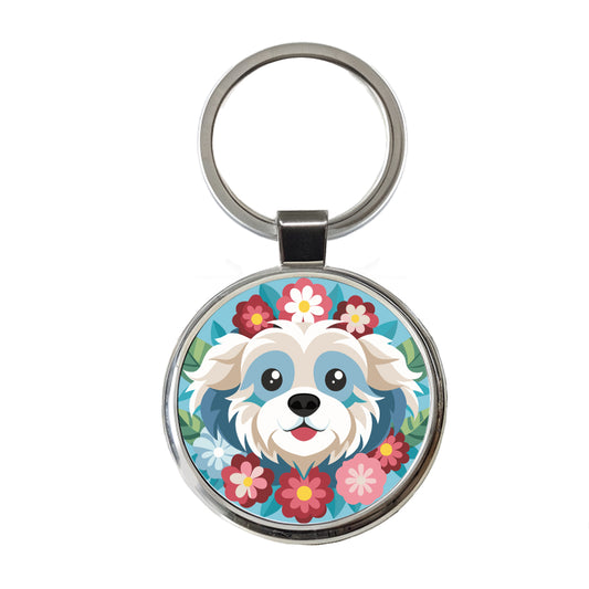 Cavachon Head Floral Dog Motif Blue Background Round Metal Keychain
