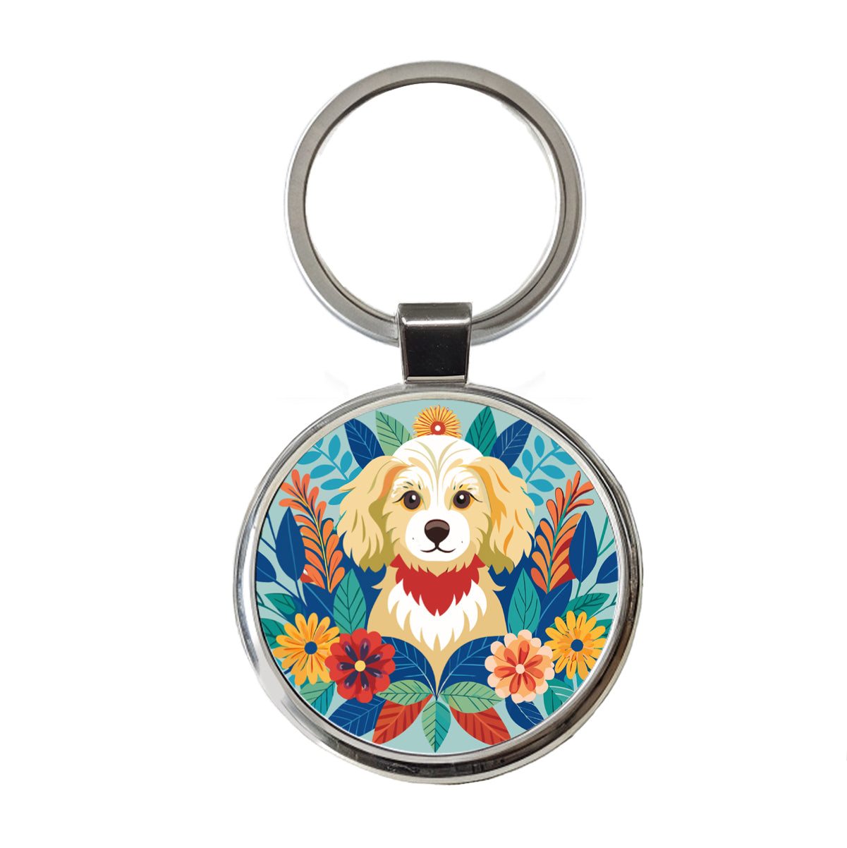 Cavapoo Floral Motif Dog Blue Round Metal Keychain