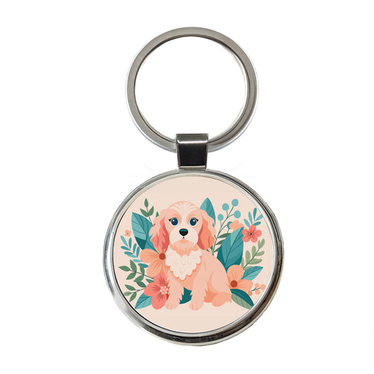 Cavapoo Floral Motif Pink Dog Round Metal Keychain