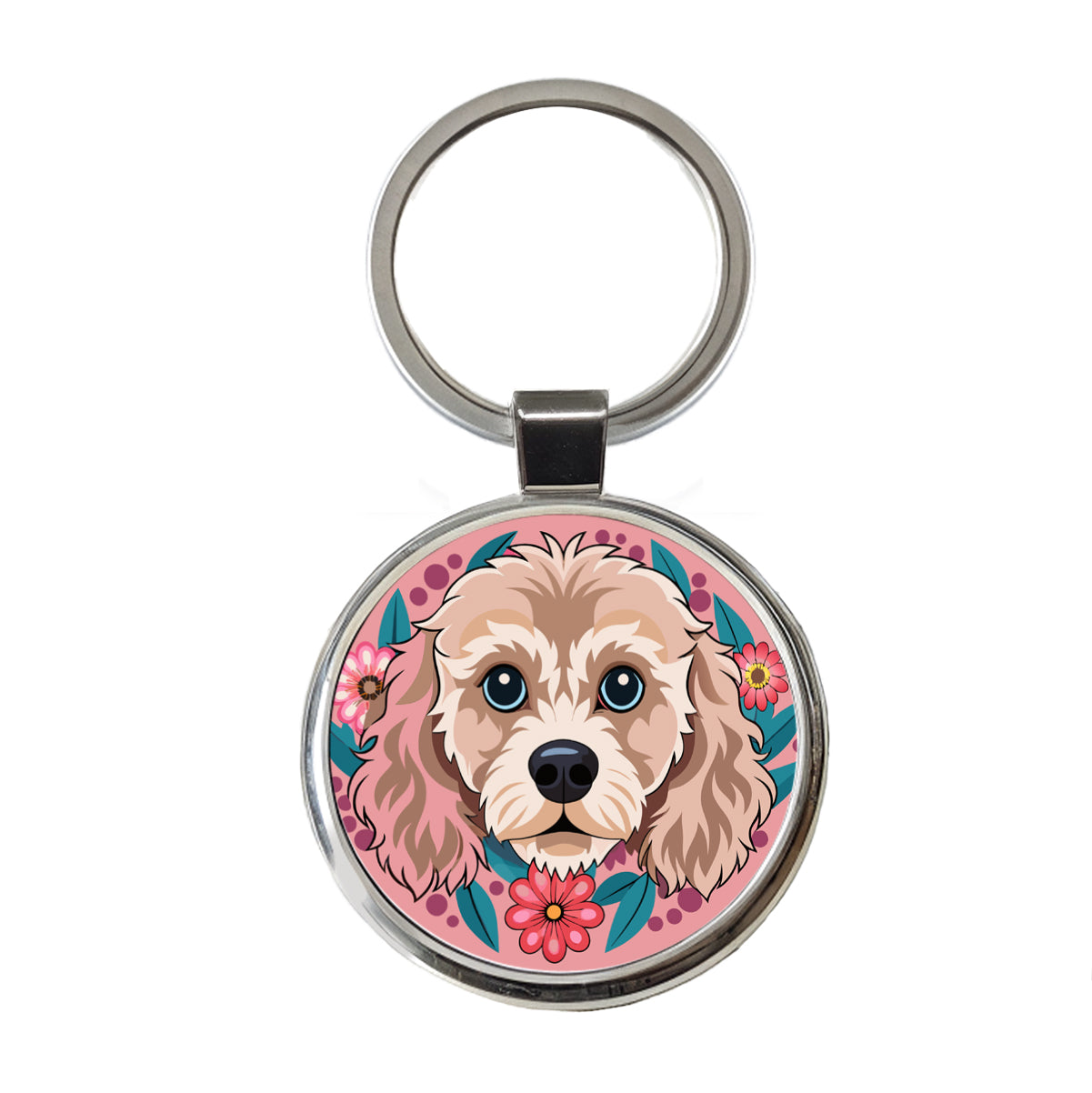Cavapoo Head Floral Motif Pink Dog Round Metal Keychain