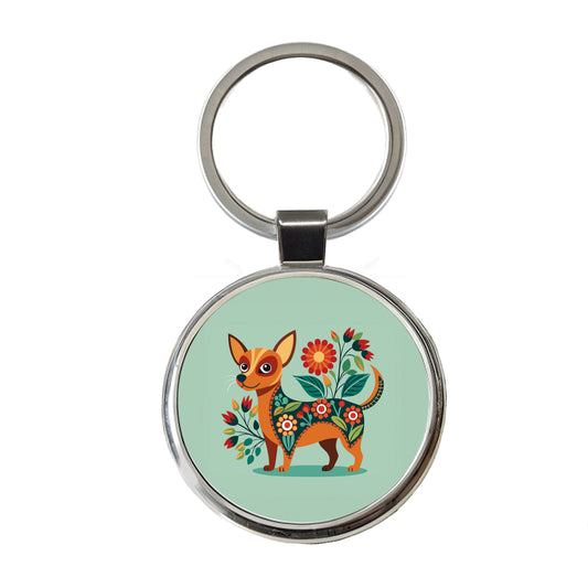 Chiweenie Floral Motif Cute Dog Round Metal Keychain