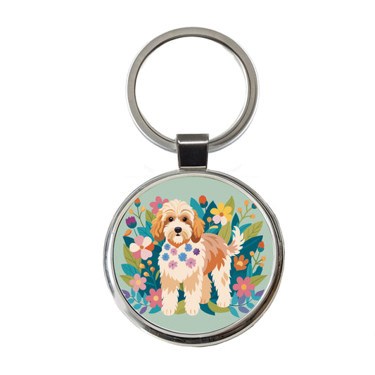 Cockapoo Floral Motif Dog Round Metal Keychain
