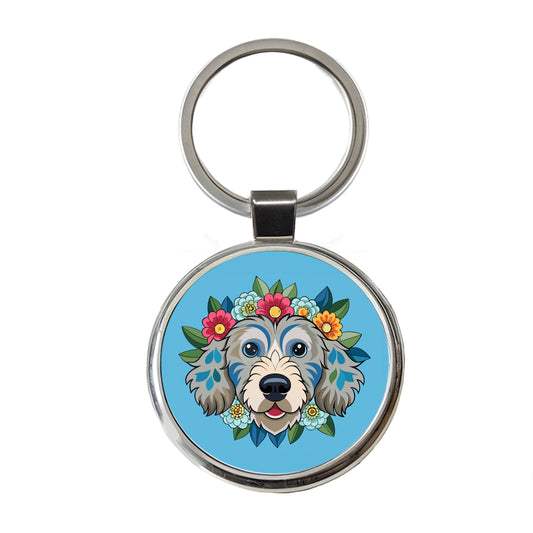 Cockapoo Head Floral Motif Light Blue Dog Round Metal Keychain