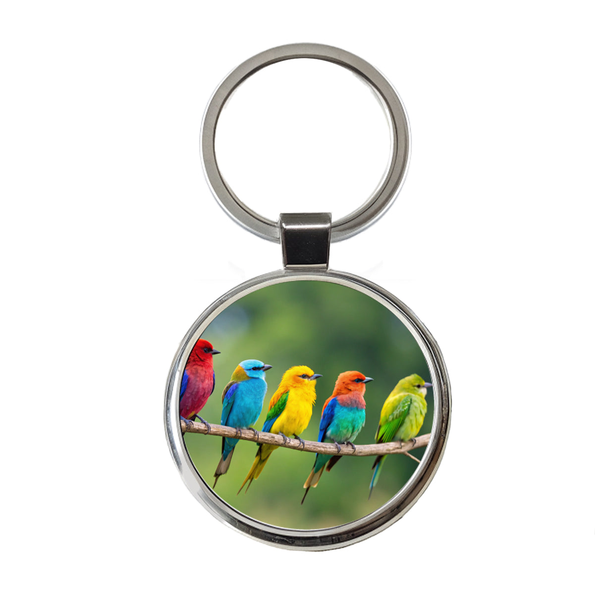 Colorful Birds In A Row Round Metal Keychain