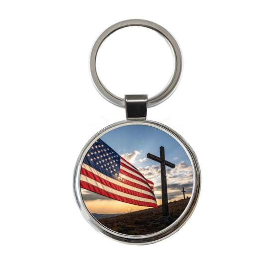 Cross Over American Flag USA United States Religious Round Metal Keychain