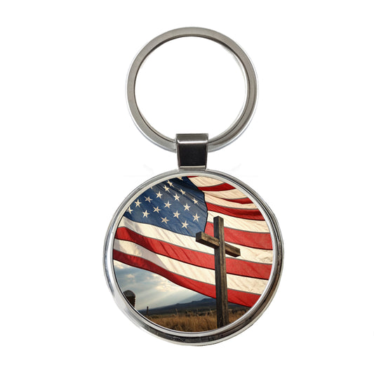 Cross Over American Flag USA United States Round Metal Keychain