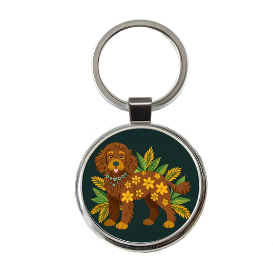 Dark Brown Golden Doodle Floral Motif Green Dog Round Metal Keychain