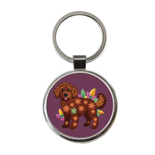 Dark Brown Golden Doodle Floral Motif Purple Dog Round Metal Keychain