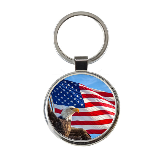 Eagle And American Flag USA United States Round Metal Keychain