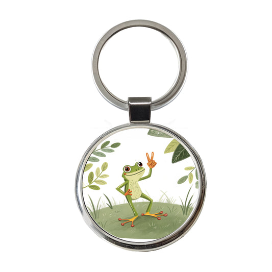 Frog Peace Sign Drawing Funny Round Metal Keychain