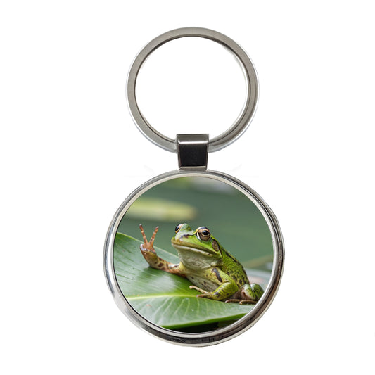 Frog Peace Sign Funny Round Metal Keychain