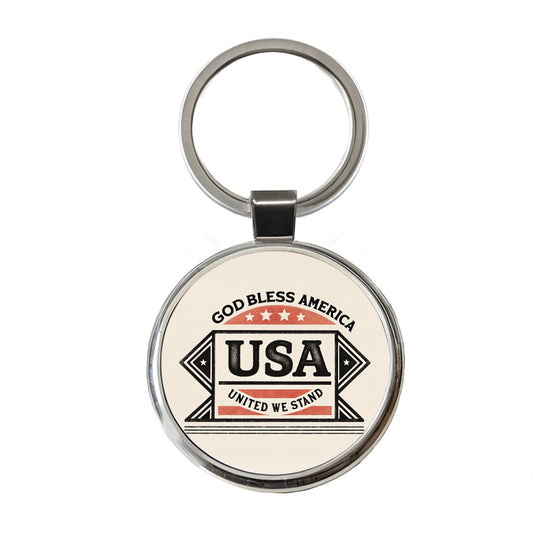 God Bless America USA United We Stand States Round Metal Keychain