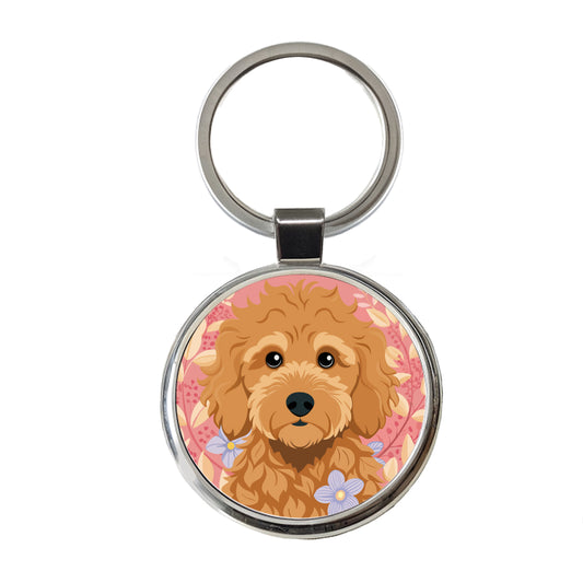 Golden Doodle Brown Head Floral Motif Pink Dog Round Metal Keychain