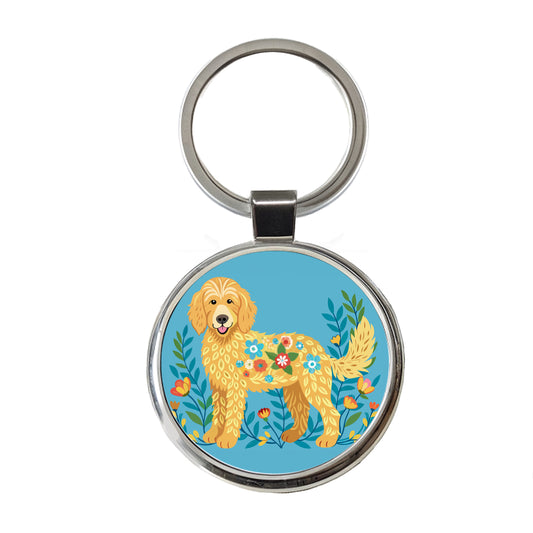 Golden Doodle Floral Motif Blue Dog Round Metal Keychain