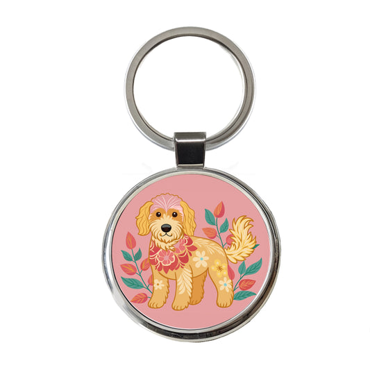Golden Doodle Floral Motif Pink Dog Round Metal Keychain