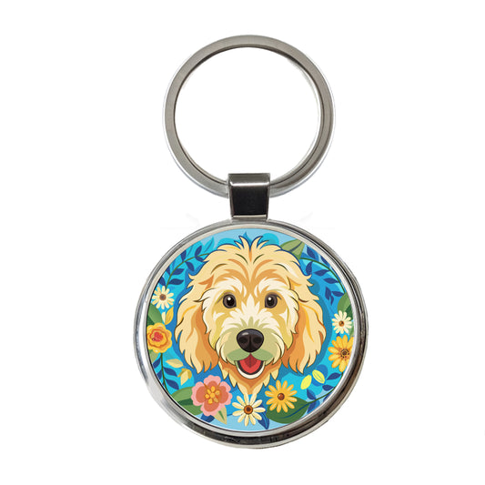 Golden Doodle Head Floral Motif Blue Background Dog Round Metal Keychain