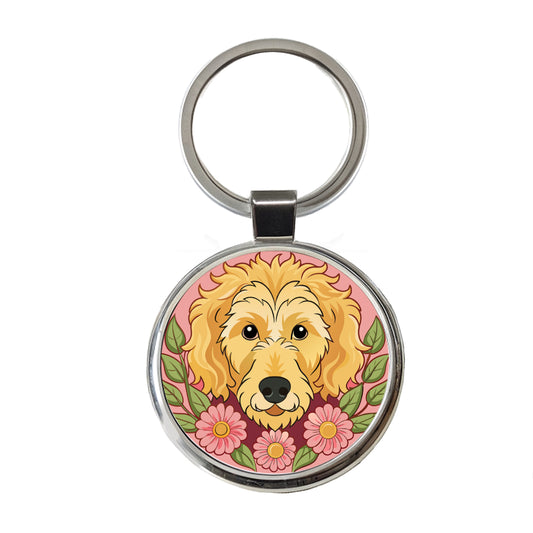 Golden Doodle Head Floral Motif Pink Dog Round Metal Keychain