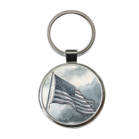 Gray American Flag Watercolor USA United States Round Metal Keychain
