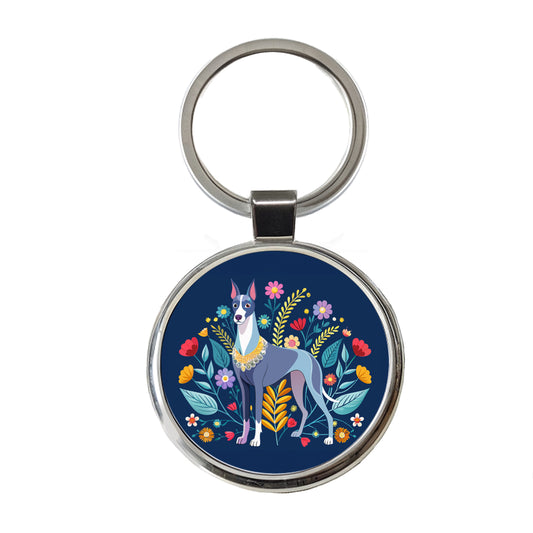 Great Dane Floral Motif Dog Blue Round Metal Keychain