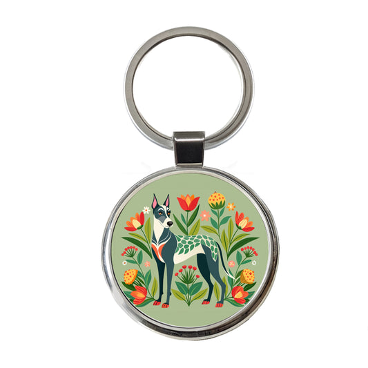 Great Dane Floral Motif Dog Standing Round Metal Keychain