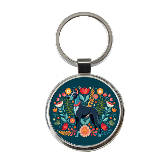 Great Dane Floral Motif Dog Round Metal Keychain